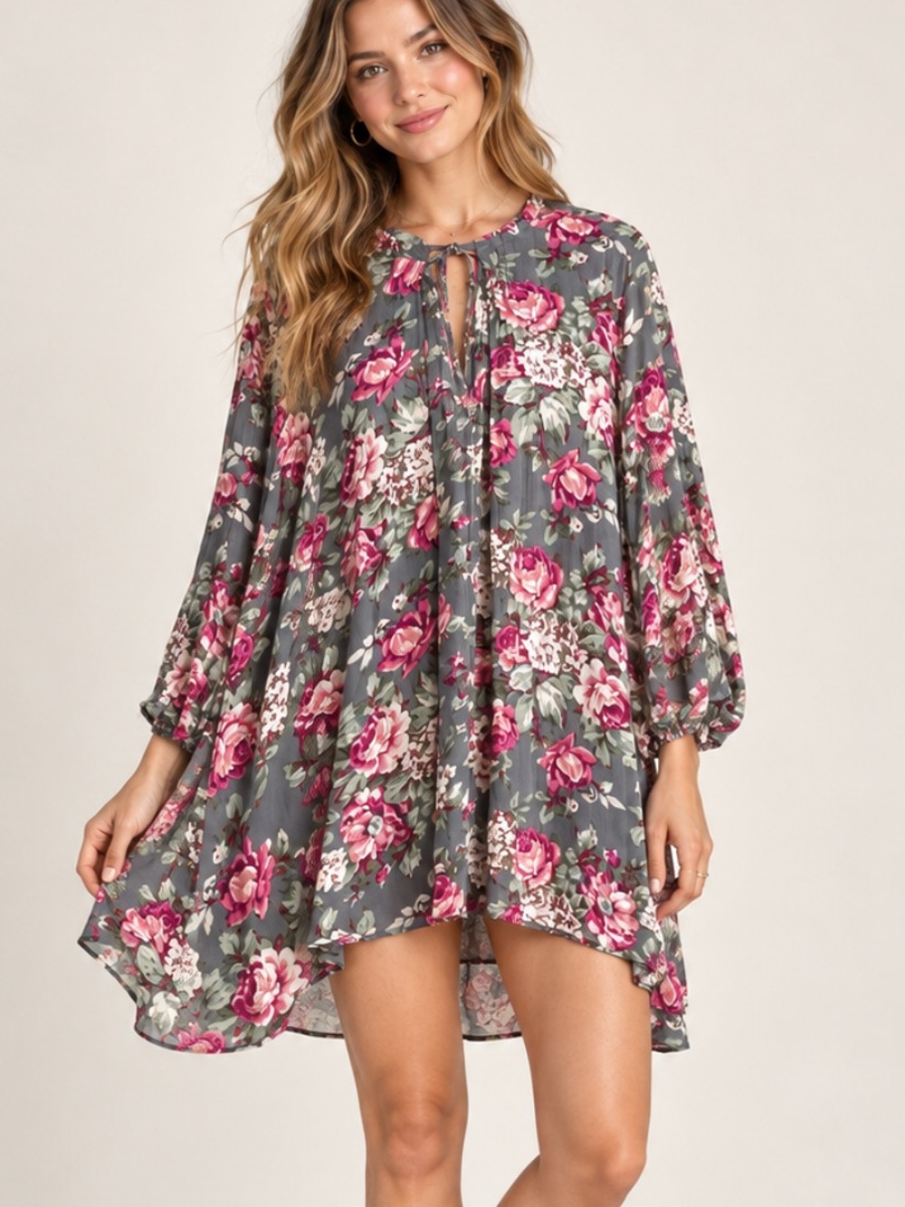 Altar'd State Gray Floral Mini Dress with Pink Roses